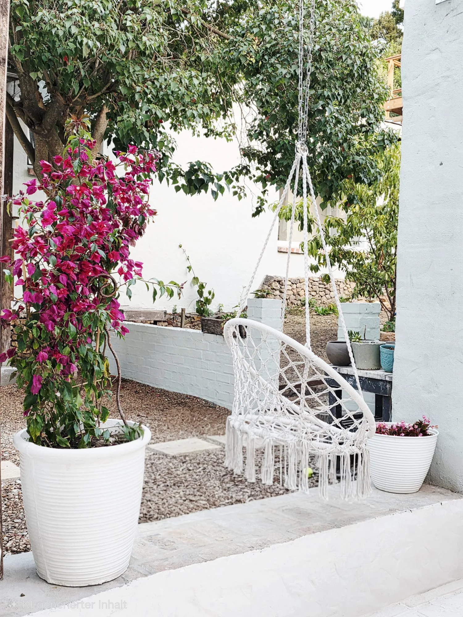 Garden with macramé swing chair and bougainvillea